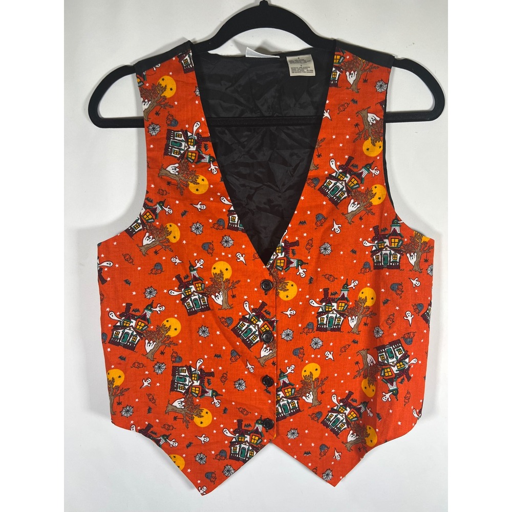 Vintage Halloween Vest Orange Haunted House Ghost Print Small